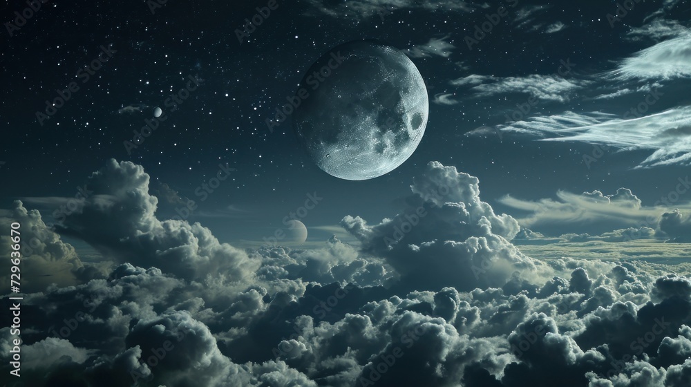  a view of a full moon in the sky with clouds in the foreground and a full moon in the middle of the night sky with stars and clouds in the foreground.