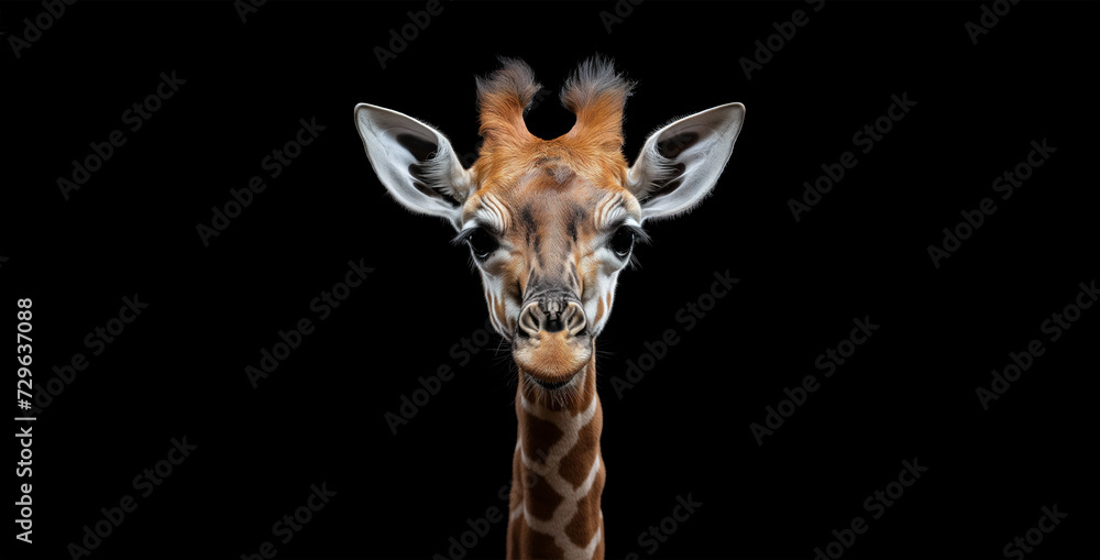 Giraffe puppy animal face portrait on black background
