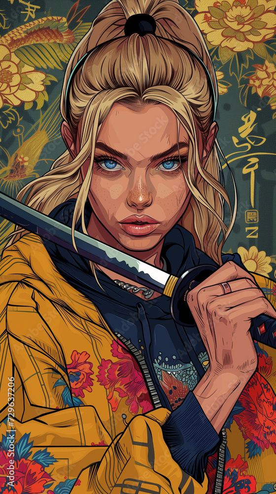 Fototapeta premium Blonde girl with blue eyes stands with a katana