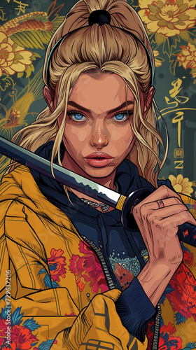 Blonde girl with blue eyes stands with a katana