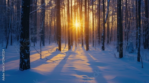  the sun shines through the trees in a snowy forest with snow on the ground and on the ground is a trail with tracks in the snow and in the foreground. © Anna