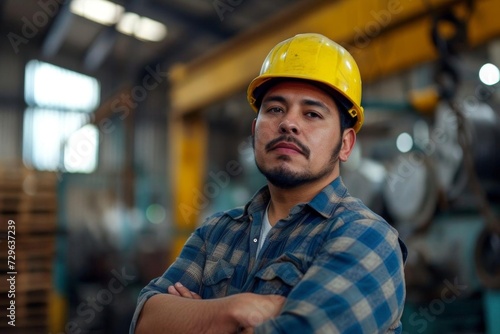 Candid shot of a confident hispanic male factory worker with arms crossed Symbolizing the industrial construction industry and workforce strength