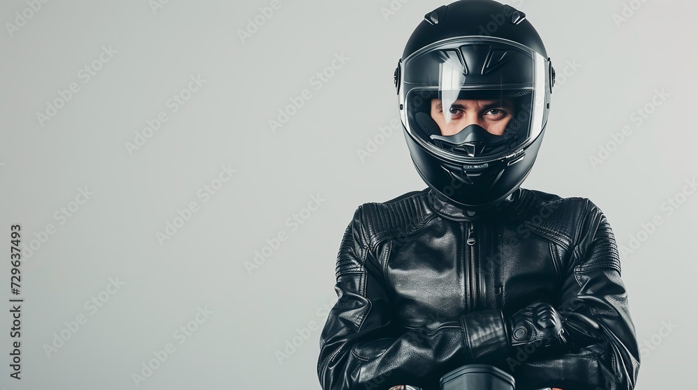 Portrait of a motorcycle rider posing with a black helmet on a white background banner