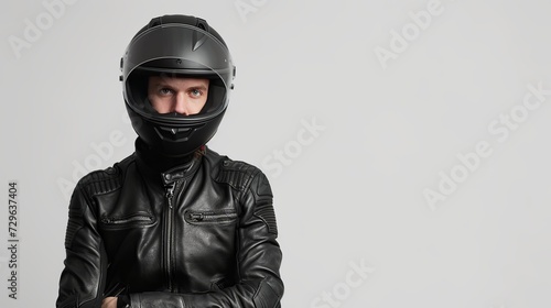 Portrait of a motorcycle rider posing with a black helmet on a white background banner © Zahid