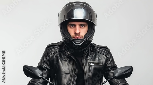Portrait of a motorcycle rider posing with a black helmet on a white background banner © Zahid