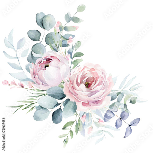 Watercolor floral illustration. Pink flowers and eucalyptus greenery bouquet. Dusty roses, soft light blush peony - border, wreath, frame. Perfect wedding stationary, greetings, fashion, background