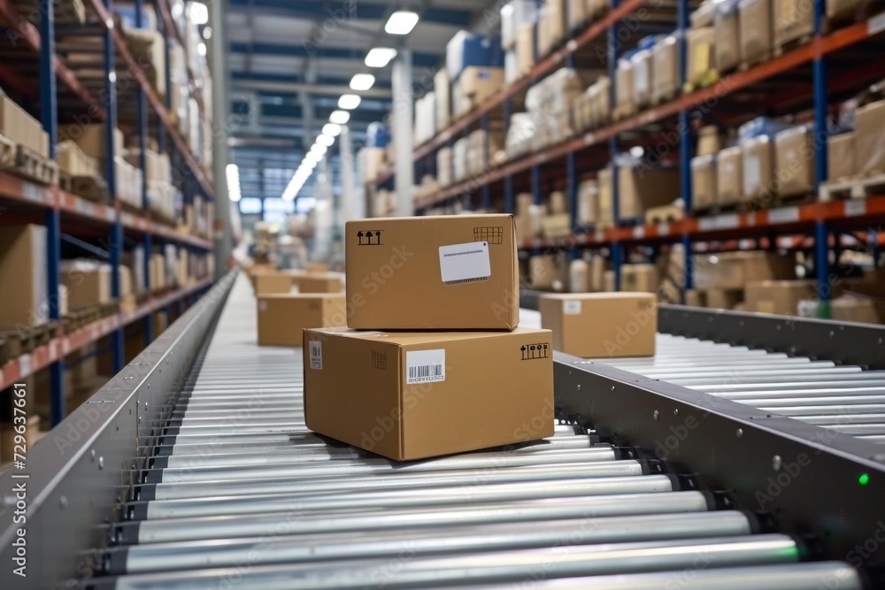 Efficient operations in a busy warehouse With packages moving along a conveyor belt Highlighting the dynamic and organized nature of modern logistics and distribution Efficient operations in a busy warehouse With packages moving along a conveyor belt Highlighting the dynamic and organized nature of modern logistics and distribution