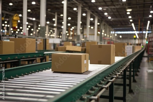 Efficient operations in a busy warehouse With packages moving along a conveyor belt Highlighting the dynamic and organized nature of modern logistics and distribution. © Jelena
