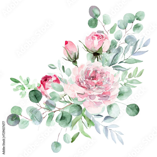 Watercolor floral illustration. Pink flowers and eucalyptus greenery bouquet. Dusty roses, soft light blush peony - border, wreath, frame. Perfect wedding stationary, greetings, fashion, background