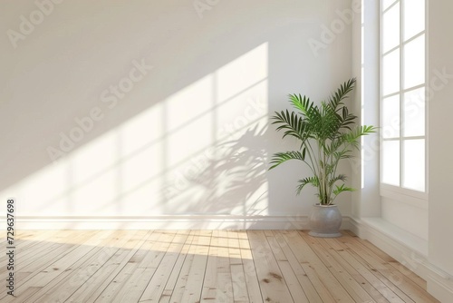 Empty white room Wooden floor Potted plant Minimalist
