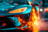 car in flames is a fast sports car on a black background