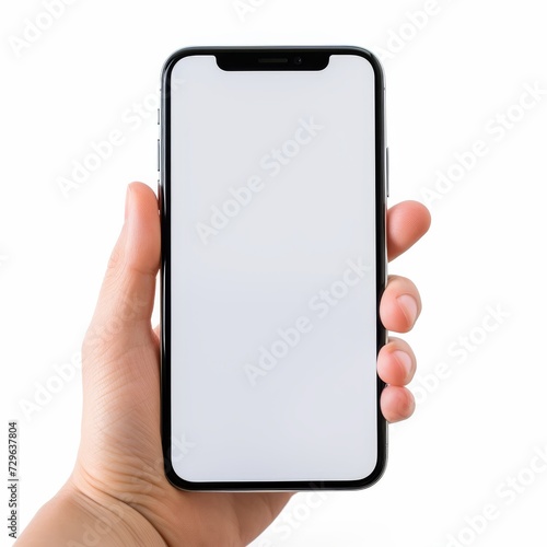 Hand holding a modern smartphone with blank screen for mockup design