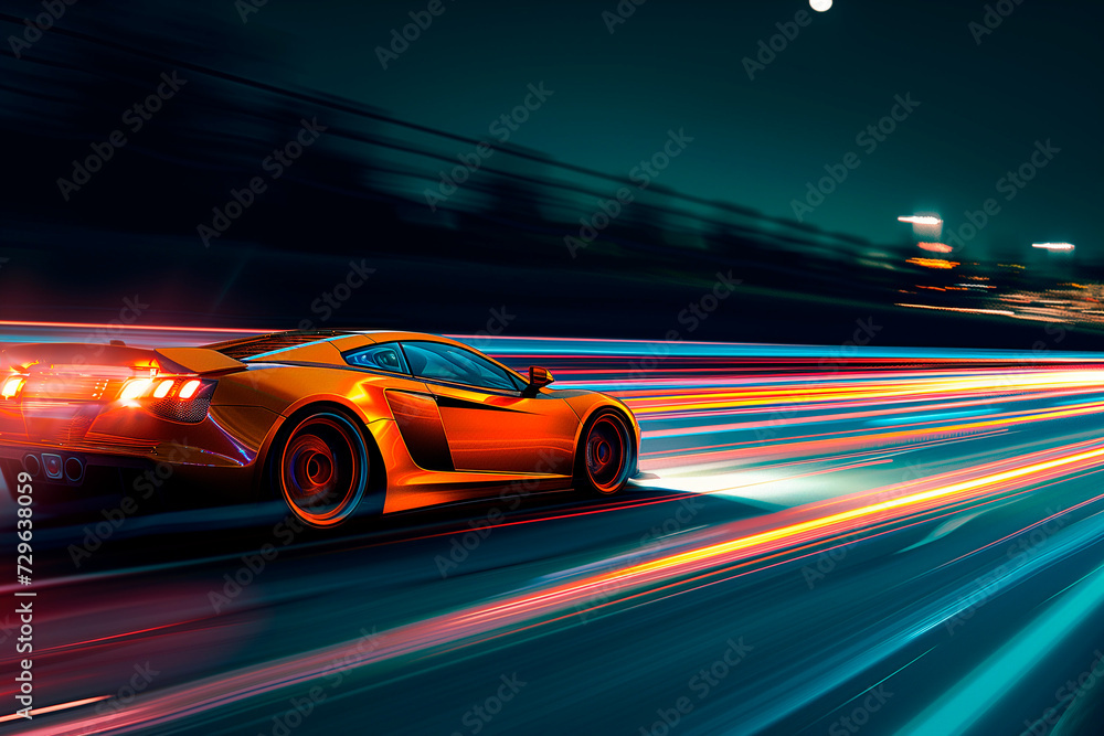 sports car is speeding on a highway at night sports car is speeding on a highway at night