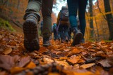 Group of tourists exploring an autumn forest path Focusing on their feet and the journey Symbolizing travel Adventure And nature exploration