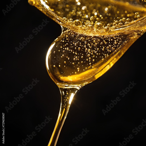 Drop with golden liquid and bubbles. OMEGA 3.	