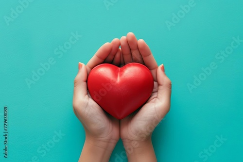 Hands holding red heart Blue background