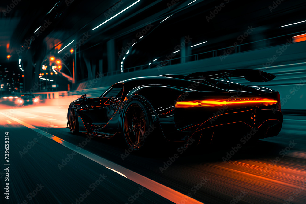 sports car is speeding on a highway at night
