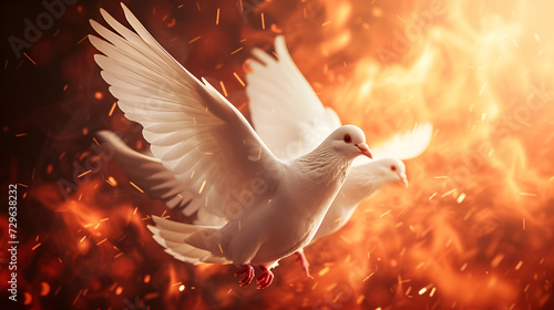 white doves against the background of war and destroyed buildings and fire © katerinka