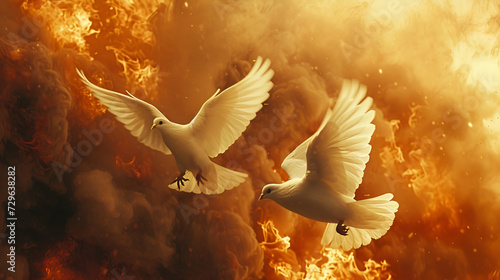 white doves against the background of war and destroyed buildings and fire