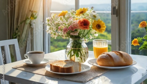  Good morning breakfast, with coffee, bread and glass vase filled with fresh flowers