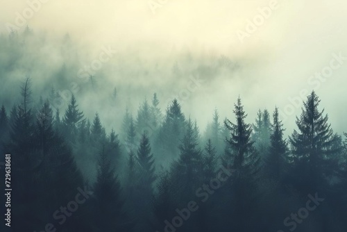 Misty forest landscape Vintage retro style Fir trees © Jelena
