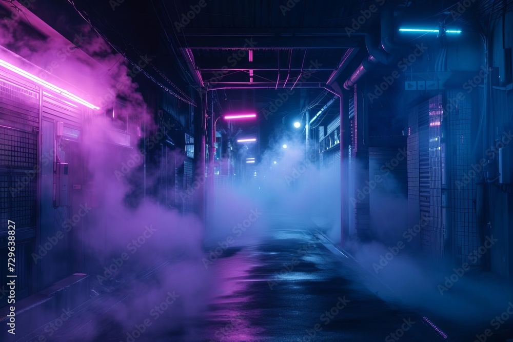 Mysterious dark empty street Neon lights Smoke Night view