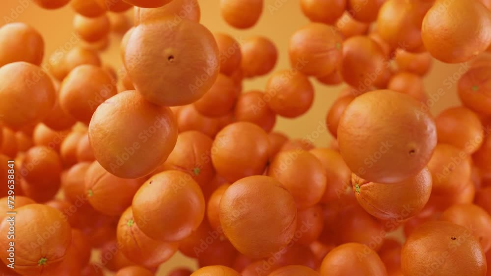 Juicy oranges floating against orange background. Mandarin, tangerine, oranges. Super Slow motion, selective focus. 3d animation video, 4K Juicy oranges floating against orange background. Mandarin, tangerine, oranges. Super Slow motion, selective focus. 3d animation video, 4K