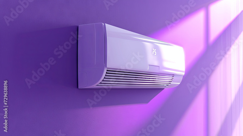 Air conditioner hanging on the light wall of a cozy lilac room 