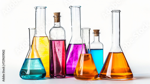 Glass laboratory flasks with colored liquid for experiments on a white isolated background