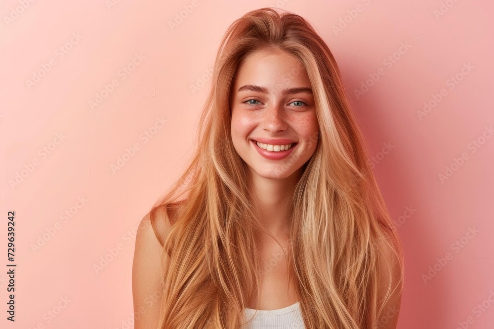 Smiling young woman with long Groomed blonde hair Isolated on a pastel flat background Ideal for hair care product advertisements Smiling young woman with long Groomed blonde hair Isolated on a pastel flat background Ideal for hair care product advertisements