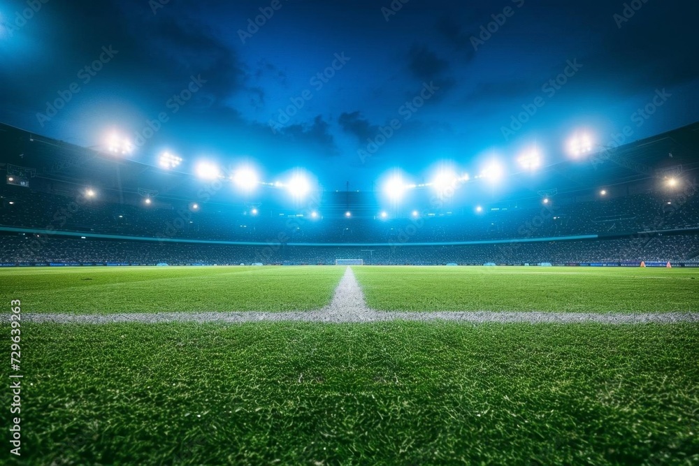 Obraz premium Soccer stadium alive with excitement under the bright illumination of stadium lights The night sky setting the stage for a thrilling match and the spectacle of sports