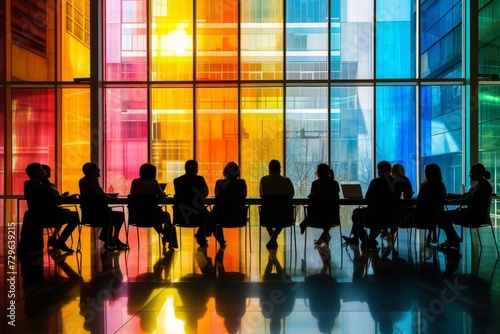 Silhouettes of diverse individuals in a meeting room Against a backdrop of vibrant Colorful windows Depicting collaboration and diversity