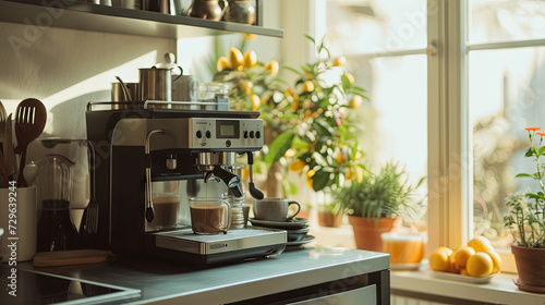 A beautiful coffee machine stands on the table in a bright, cozy kitchen with home plants