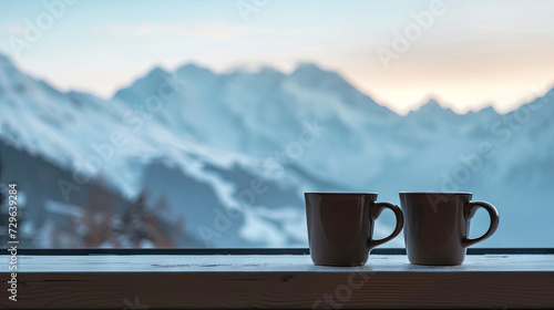 Two dark cups of delicious aromatic tea against the background of mountains
