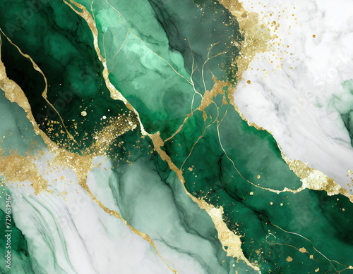 Abstract green white marble texture with gold splashes, green luxury background