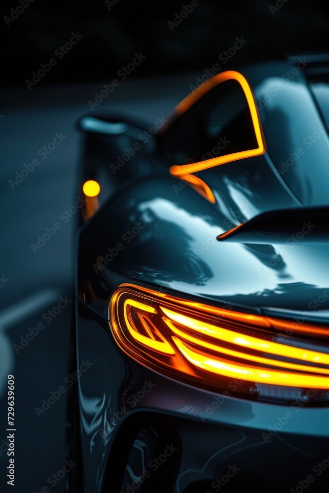 Close up front headlight with yellow xenon light on black sport car at evening scene. AI generated