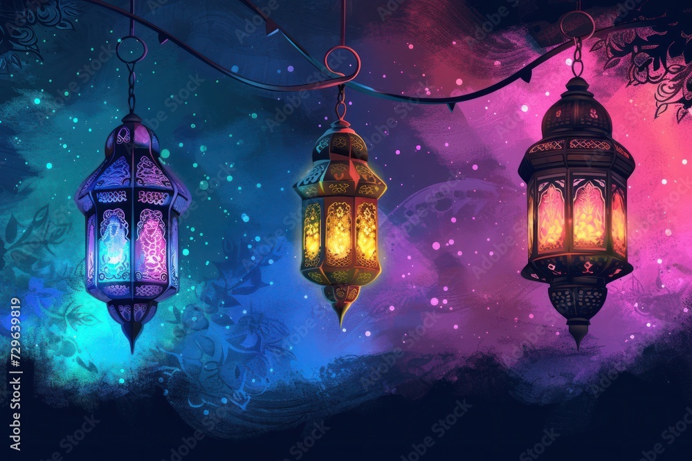 enchanting illuminated lanterns, for ramadan, holy month, celebration, magical atmosphere, hanging ornate, arabic decoration enchanting illuminated lanterns, for ramadan, holy month, celebration, magical atmosphere, hanging ornate, arabic decoration
