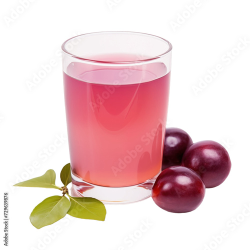 glass of 100% fresh organic japanese plum juice with sacs and sliced fruits png isolated on white background with clipping path. selective focus