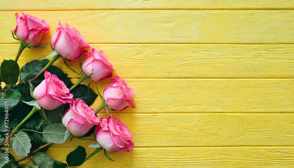 Top view image of pink rose flowers composition over wooden yellow background .Flat lay
