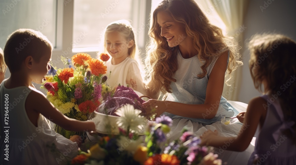 Beautiful mother surrounded by her children, sharing a joyful moment with vibrant flowers.