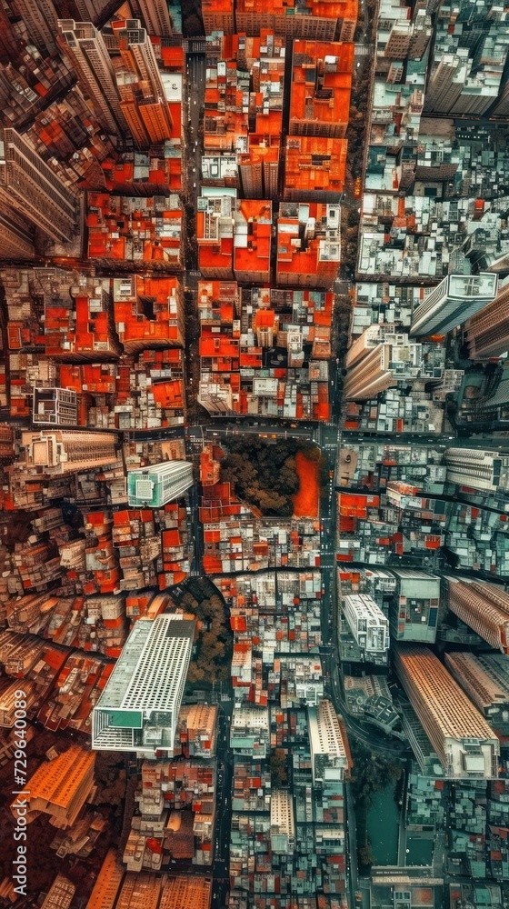 Fototapeta premium a bird's eye view of a city with lots of tall buildings and lots of orange boxes on the sides of the buildings and a river in the middle of the middle of the city.