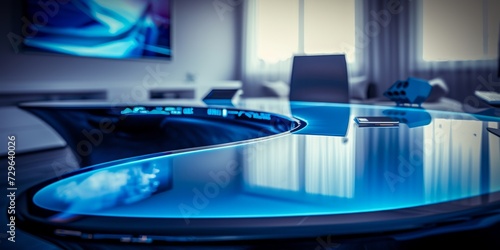 Futuristic office conference room with holographic display, representing cutting-edge corporate technology and design.