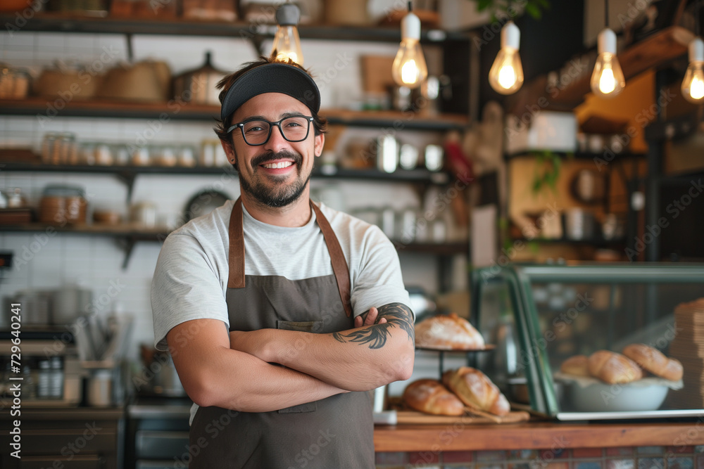 Small business owner testimonial image, Young person wearing an apron in the restaurant, mid aged man standing with his arms crossed, Portrait of a restaurant proprietor smiling and happily standing - obrazy, fototapety, plakaty 