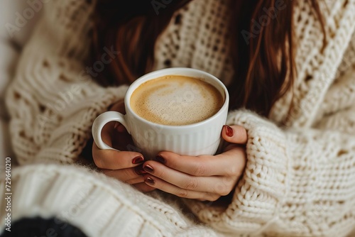 Woman holding a cup of coffee Symbolizing the comfort and routine of a morning ritual in a cozy home setting