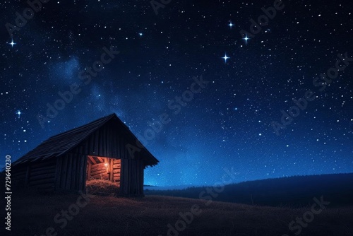 Wooden stable at a dark blue starry night Representing the concept of jesus christ's birth with space for copy © Jelena