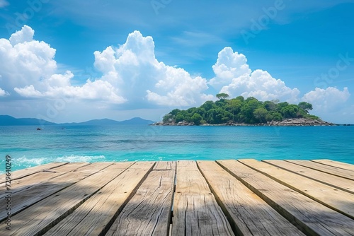 Wooden table Sea Island Sky background © Jelena
