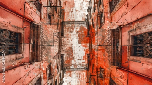  a painting of a narrow alley way with red paint on the walls and a window on the far side of the alley way with bars on the side of the alley.