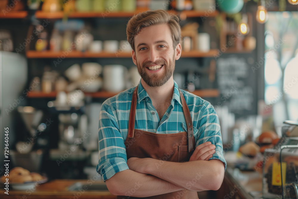 Obraz premium business owner testimonial image, smiling young businessman wearing an apron in the shop, indoor food and beverage photography with co worker standing in the shop wearing an apron wallpaper concept
