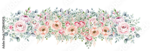 Watercolor floral illustration. Pink flowers and eucalyptus greenery bouquet. Dusty roses  soft light blush peony - border  wreath  frame. Perfect wedding stationary  greetings  fashion  background