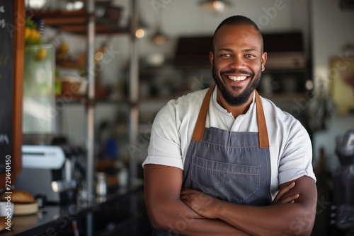 Small business owner testimonial image, Young person wearing an apron in the cafe, mid aged man standing with his arms crossed, Portrait of a coffee shop owner standing in the shop or cafe